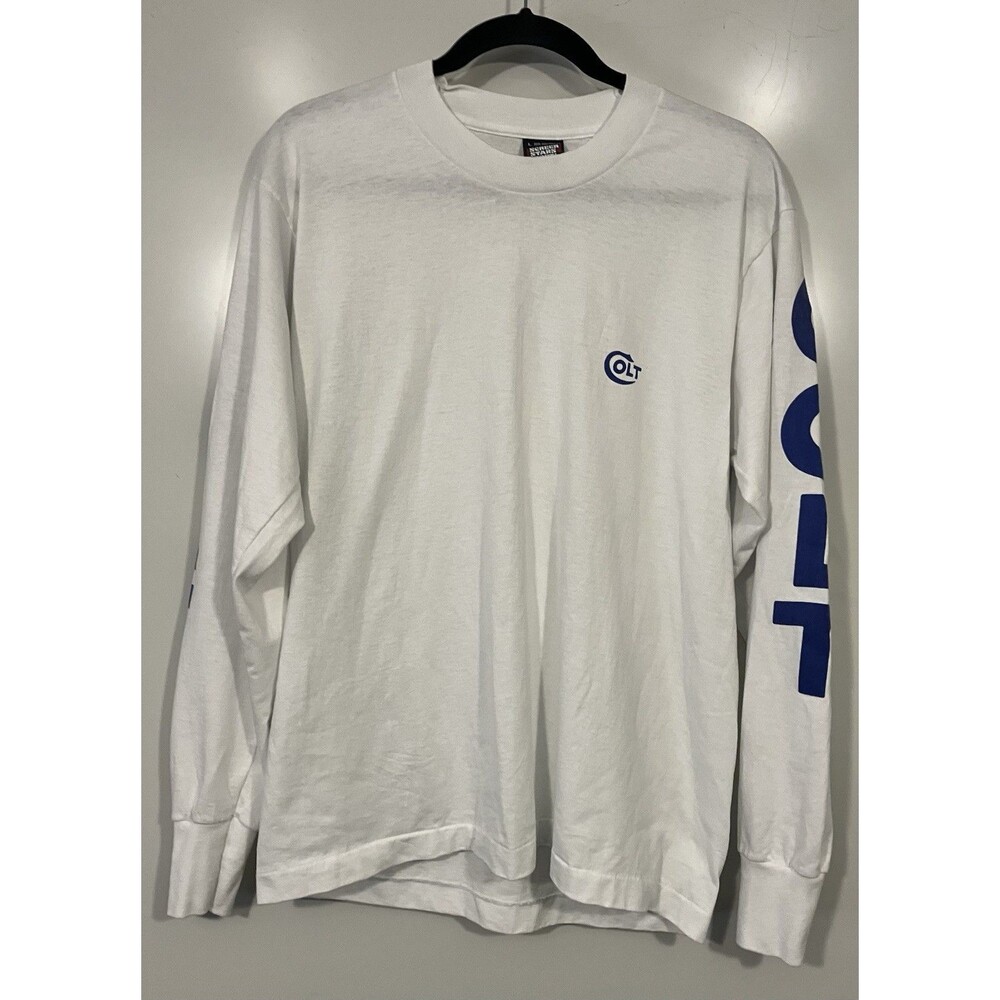 Vintage Colt American Firearms Men’s Long Sleeve T Shirt White Sz L Made In USA